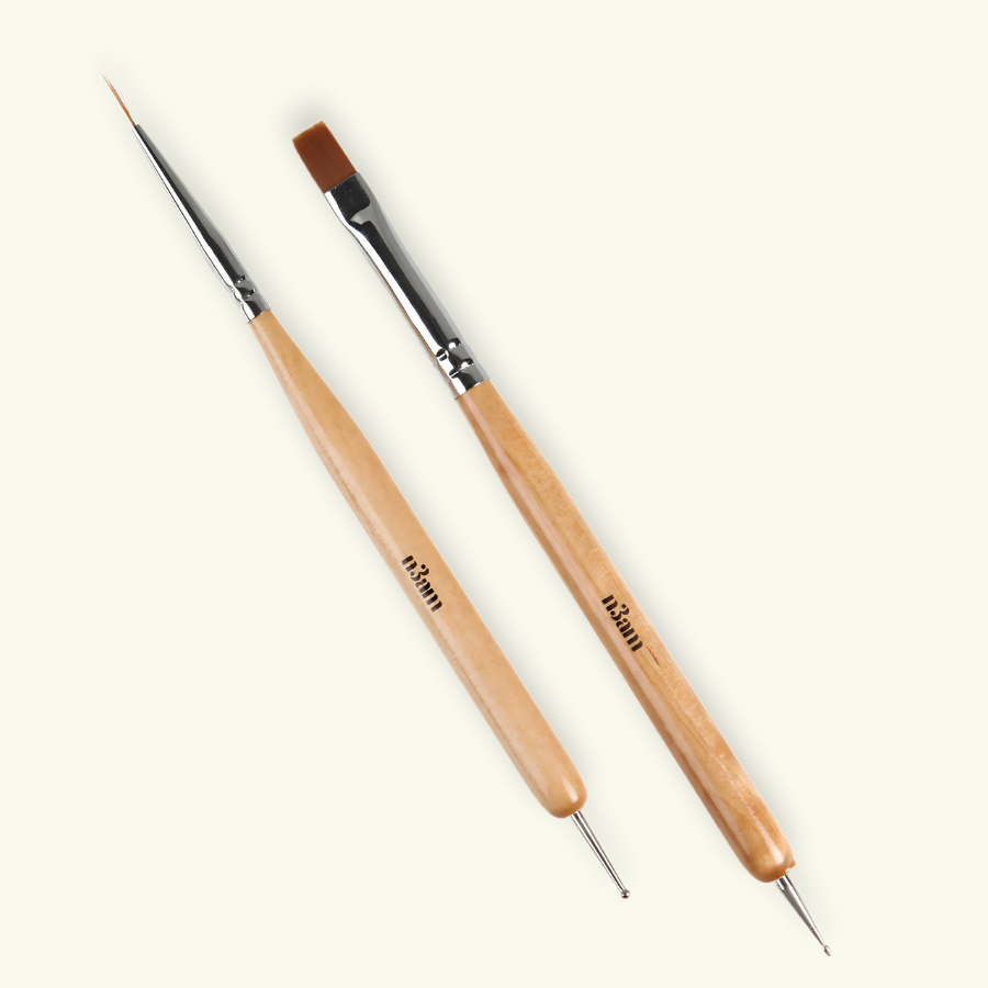 Set de deux pinceaux pour nail art pour vernis à ongles perméables et halal. Brosse d'un côté, dooting tool de l'autre