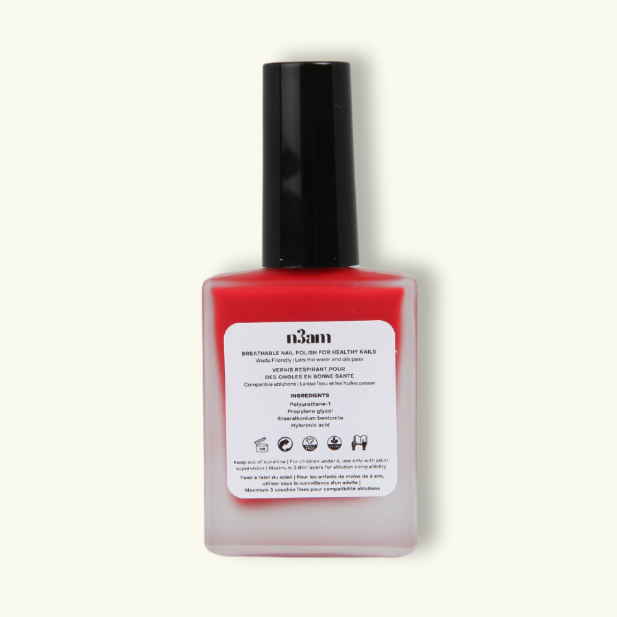 Photo d'un vernis halal rouge de la marque n3am