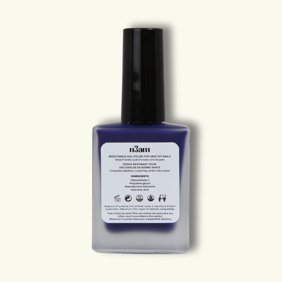 Flacon de vernis à ongles perméable bleu majorelle de la marque halal n3am